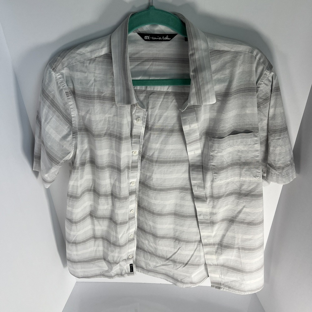 Travis Mathew Men's Short Sleeve Button Down Shirt Size M Medium Gray Stripe EUC